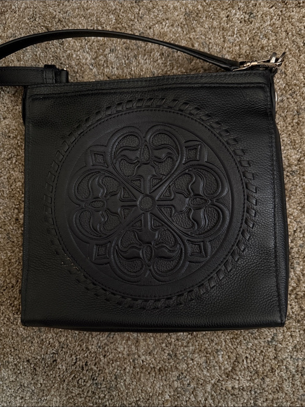 Brighton Black Leather Embossed Medallion Crossbody